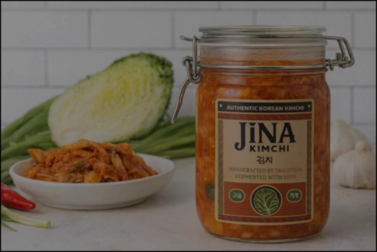 Jar of Jina Kimchi with fresh ingredients and kimchi bowl